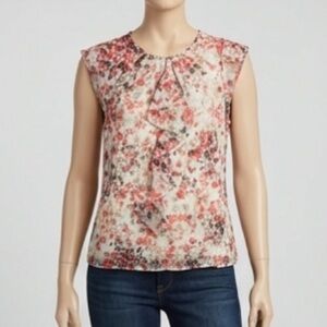 NWT DKNY Sleeveless Gathered Floral Blouse – Ivory/Sky Blue Multi Size M